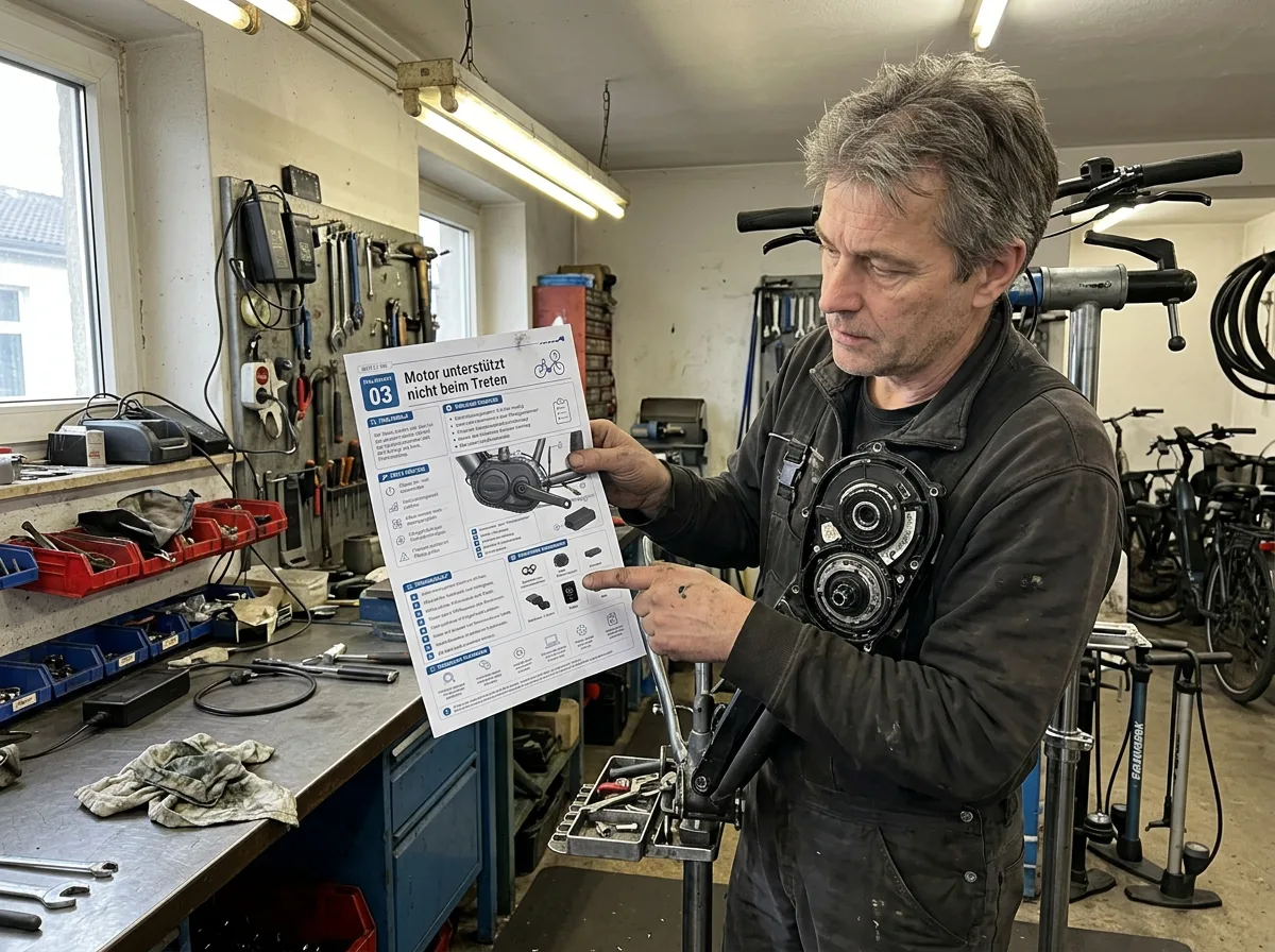 Deutscher Techniker repariert ein E-Bike mit einer gedruckten Fehlerkarte