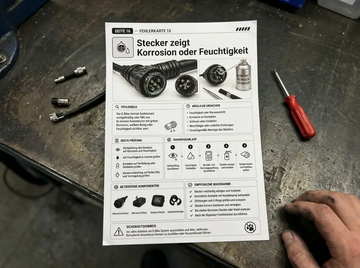 Gedruckte E-Bike-Fehlerkarte im A4-Format auf einem Werkstatttisch